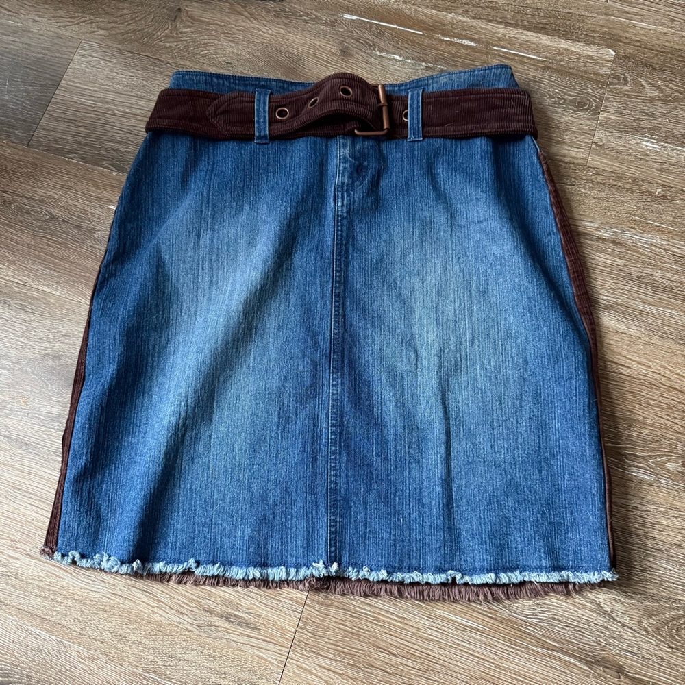 Route 66 Denim and Brown Pencil Skirt Women’s Size 10 Stretch Belted - Picture 1 of 7